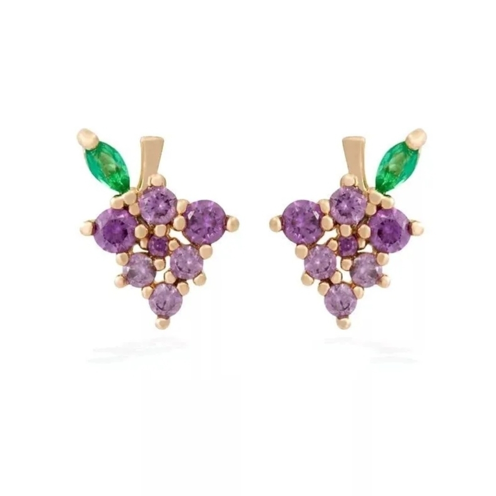 Tiny Grapes Earrings Purple with Green Rhinestones